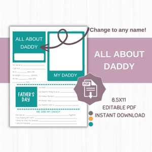 Tout sur papa, cadeau imprimable de la fête des pères, personnalisable pour inclure toutes les figures paternelles, cadeau à papa des enfants, PDF modifiable