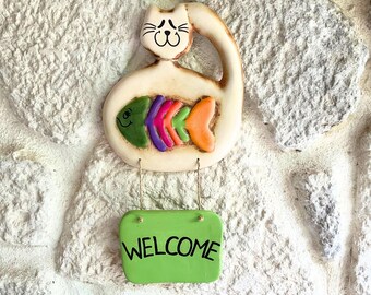 Handmade Ceramic Cat Welcome Sign: Personalized House Plaque