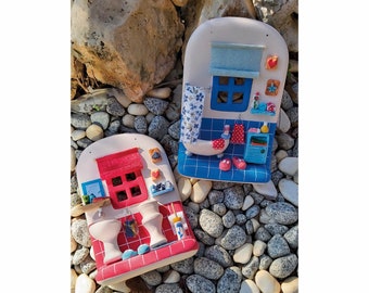 Whimsical Handmade Ceramic Bathroom and Toilet Wall Art Set Colorful Red and Blue Home Decor for Bathroom Walls