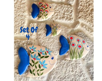 Hand Painted Ceramic Fish Wall Decor Set of 4 Floral Design Unique Handmade