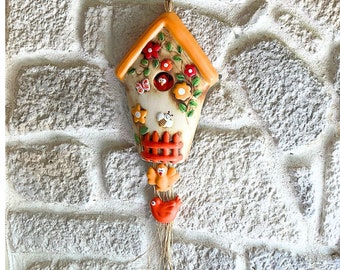 Hand-Painted Ceramic Birdhouse Wall Decor – Orange Roof, Hanging Garden Art, Rustic Ceramic Birdhouse, Wall Hanging Home Decoration