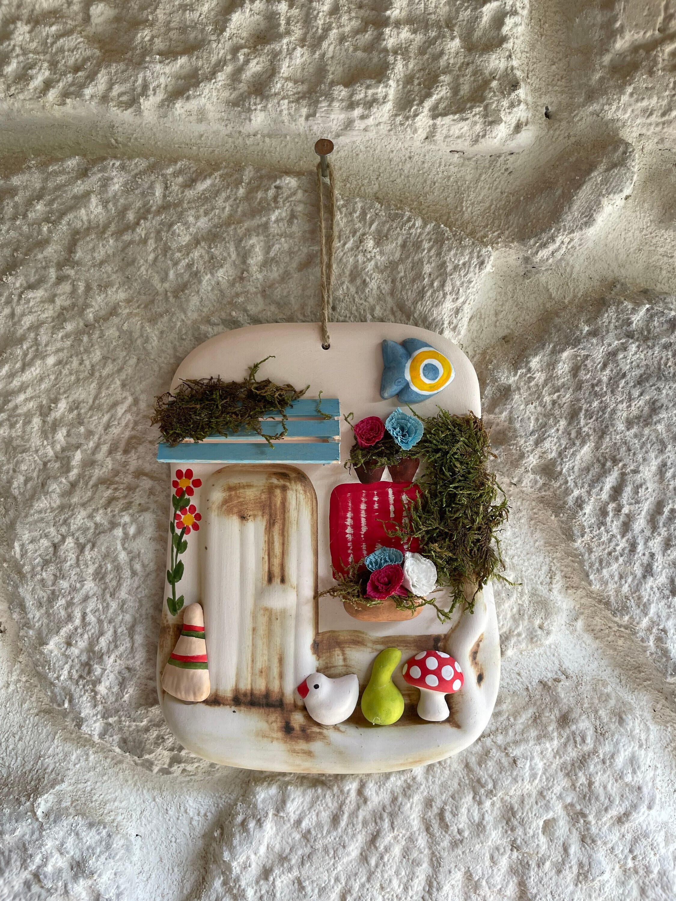 Miniature Handmade Red Ceramic Door Wall Hanging, Handmade Red and Blue Miniature Terracotta Wall Decor,Unique Ceramic Art for Wall