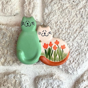 Ceramic Cat Plaque,Ceramic Door Number,Unique Floral Terracotta Green Cat Wall Hanging,Cat Lover Gift Idea,Ceramic Cat for Housewarming Gift