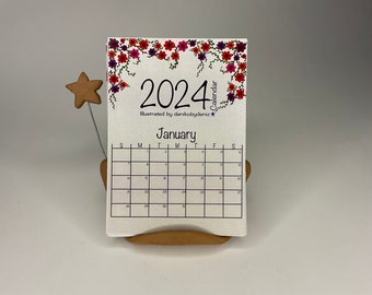 2024 Blume, Schmetterling, Natur Illustration Tischkalender: 12 Karten, ganzes Jahr, 10,5x7 cm, mit Ständer. Monatskalender mit Keramikständer
