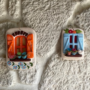 Handmade Miniature Orange and Blue Ceramic Window for Summerhouse Wall,Farmhouse Wall Decoration, Gift Idea for Mother,Terracotta Wall Art