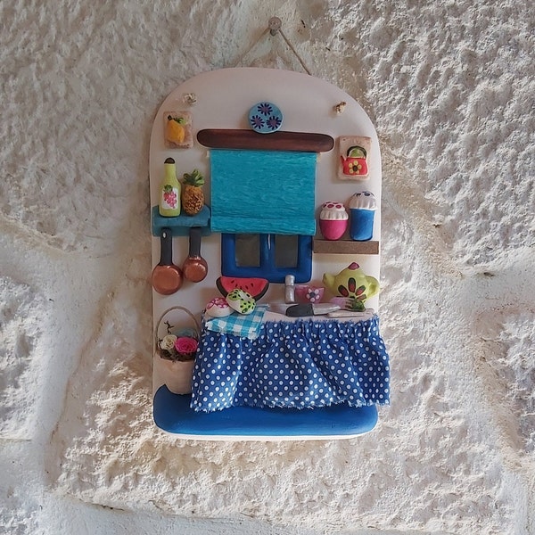 Handmade Ceramic Miniature Blue Kitchen for Kitchen Wall,Terracotta Wall Hanging Decor from Turkey,Gift Idea for Chefs,Gift for Mother
