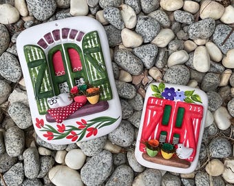 Handmade Ceramic Wall Hangings Set: Cat & Flower Pot Art, Rustic Home Decor