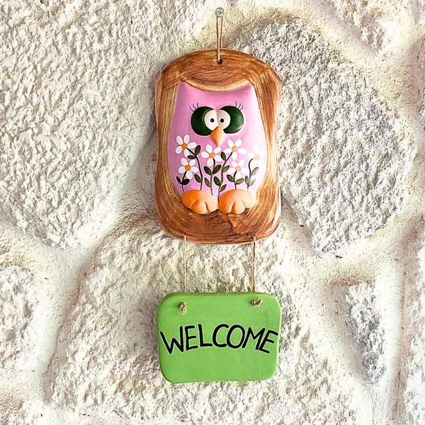 Pink Handmade Ceramic Welcome Sign Plaque for Wall, Ceramic Garden Decoration, Welcome Tile Wall Hanging, Personalized Family Name Plaque