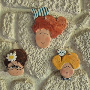 Handmade Ceramic Wall Hanging Set of 3 Woman Face Ornaments Hand Painted Unique Home Decor