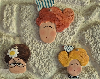 Handmade Ceramic Wall Hanging Set of 3 Woman Face Ornaments Hand Painted Unique Home Decor