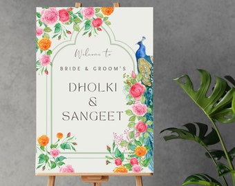Custom Peacock Indian Welcome Sign | Blommig Punjabi-entréskylt | Anand Karaj, Engagement, Mehndi, Chunni, Jago, Choora, Sangeet | Digital