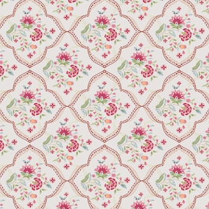 May include: A seamless pattern featuring a repeating design of pink flowers with green leaves and stems. The flowers are arranged in a symmetrical pattern within a red and white geometric frame.