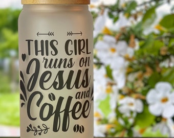 Christian Coffee Glass: 16 oz Iced Coffee Cup with Bamboo Lid
