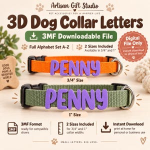 Pode incluir: Um arquivo digital para letras de coleira de cachorro impressas em 3D com o nome PENNY em roxo em coleiras laranja e verde-oliva. O texto inclui 3D Dog Collar Letters, 3MF Downloadable File, Full Alphabet Set A-Z e 2 tamanhos de 1,9 cm e 2,5 cm.