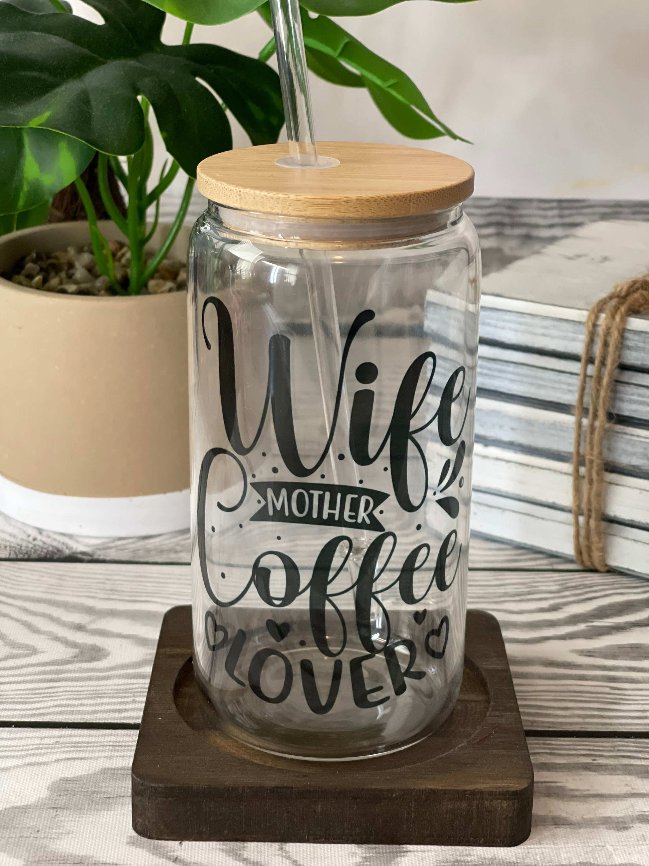 Iced Coffee Glass Cup (16 Oz) With Bamboo Lid & Straw - Etsy