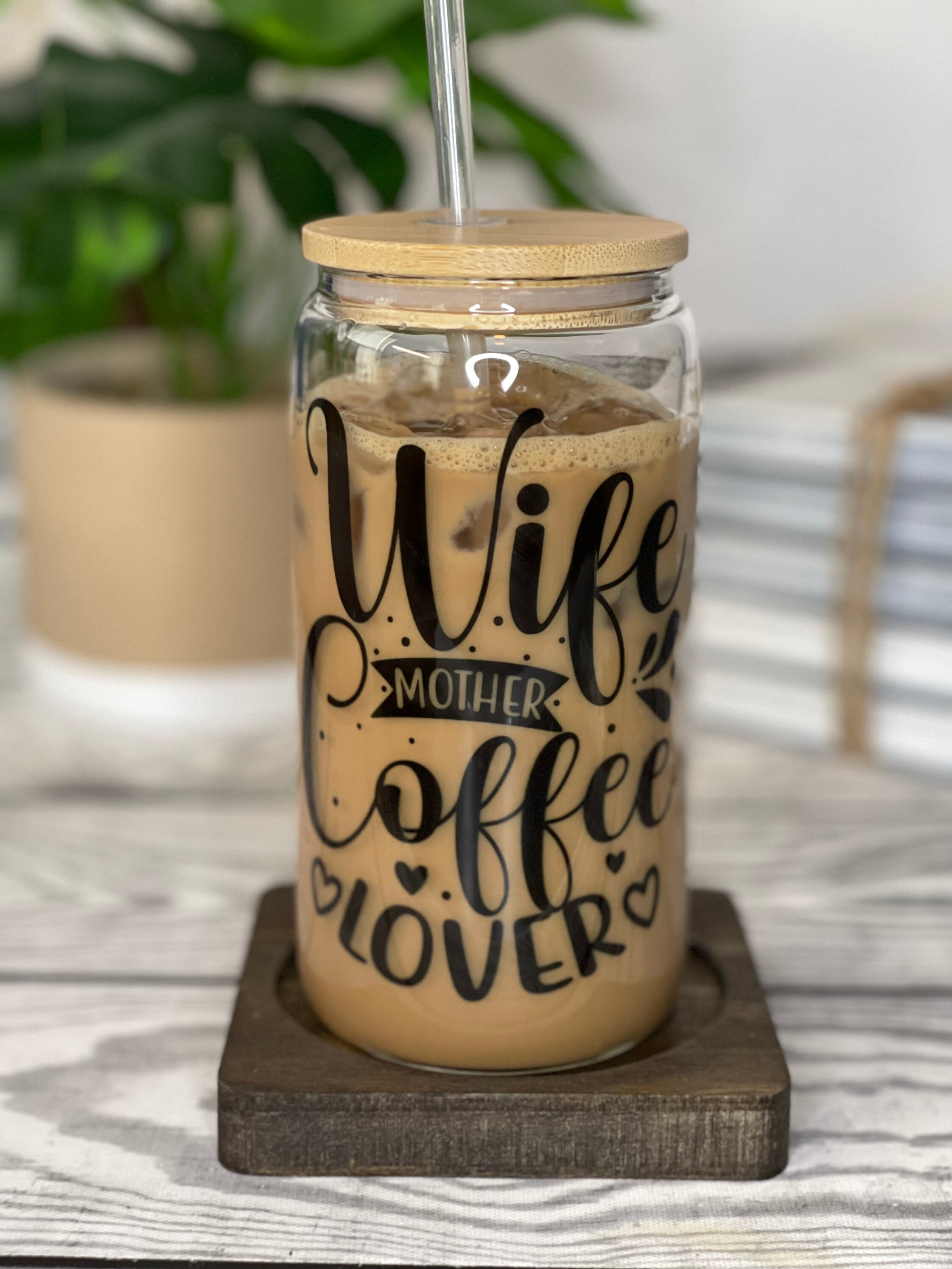 Iced Coffee Glass Cup (16 Oz) With Bamboo Lid & Straw - Etsy