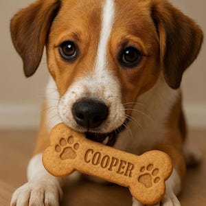 May include: A brown and white puppy holding a bone-shaped dog biscuit in its mouth. The biscuit is tan with the name "COOPER" and paw prints etched into it. The puppy has brown eyes and floppy ears.