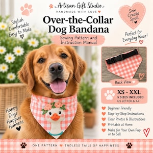 Puede incluir: Un patrón de costura y manual de instrucciones para un pañuelo de perro que se coloca sobre el collar. El pañuelo es de cuadros vichy rosa y blanco con un ganso bordado con corona de flores. Incluye tallas de XS a XXL y formatos A4.