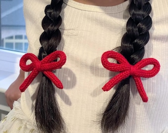 Gehäkelte Schleifen Haarspangen Set: Gestrickte Zopfschleifen aus Baumwolle