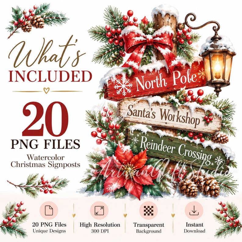 Direction Signposting 20 Watercolor Christmas Signpost PNG Bundle, Winter Farmhouse Clipart ...