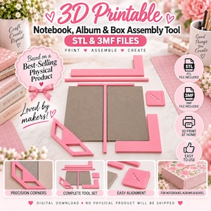 May include: A digital download for a 3D printable notebook, album, and box assembly tool. The set includes STL and 3MF files for pink plastic alignment guides, corner templates, and spacers. Text includes 3D Printable Notebook, Album & Box Assembly Tool, STL & 3MF FILES, Print, Assemble, Create, and Based on a Best-Selling Physical Product.
