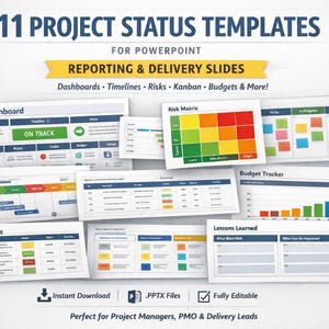 Projektmangement Power Point Vorlagen (11 Folien) | Projekt Status Dashboard, Timeline, Raid Log, Risikomatrix, Kanban