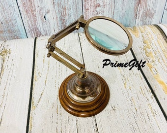 Brass Antique Magnifier Handmade Nautical Magnifying Glass Magnifiers Working Table Decorative Map Reader Desk Top on Wooden Stand~Gift