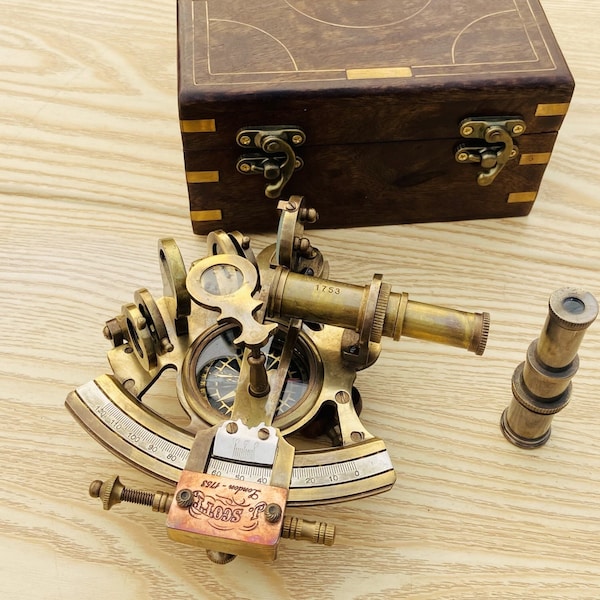 Brass Sextant Compass w Wooden Box Vintage Solid Antique Nautical Sailing Maritime Marine Navy Functional Gift Decoration Christmas Present