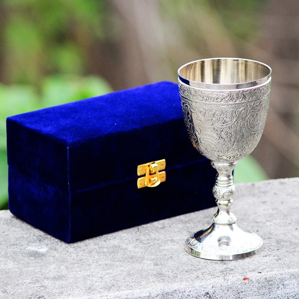 Personalised Brass Chalice Goblet For Communion Cup Handmade Embossed Wine Chalice Goblet with velvet Case