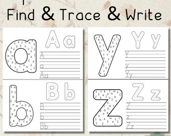Printable Find and Trace and Write Alphabet Worksheets, Handwriting Practice, Preschool-KDG Phonics, Learn to Write, Trace the Letters