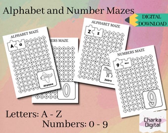 Alphabet and Number Maze Worksheets, Printable Preschool Activities, Homeschool Materials, Letter and Number Recognition