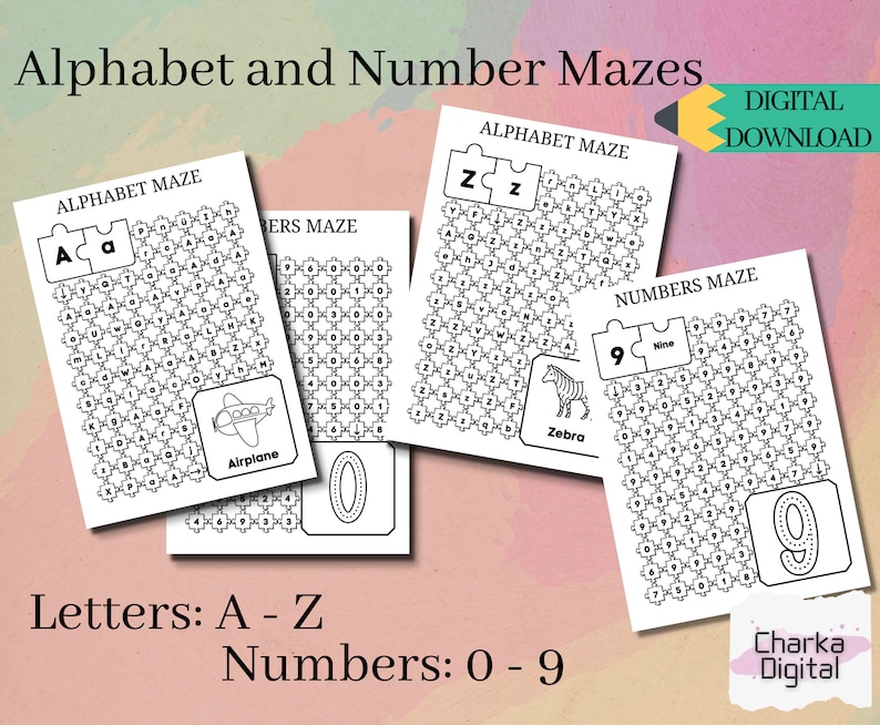 Alphabet and Number Maze Worksheets, Printable Preschool Activities