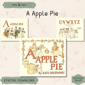 Um livro infantil vintage Apple Pie, livro ilustrado do alfabeto para impressão, livro colecionável, aprenda letras, uso comercial