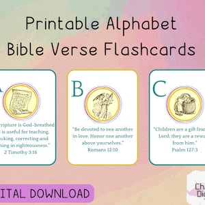 Tarjetas imprimibles con versículos bíblicos del alfabeto, tarjetas de Escrituras para niños, tarjetas de versículos de memoria ABC, recursos de estudio bíblico para niños
