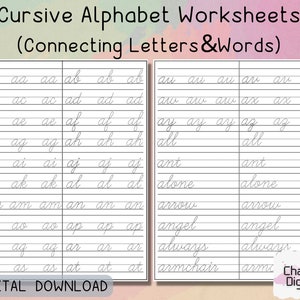 Hojas de trabajo imprimibles del alfabeto cursivo, páginas para practicar la escritura a mano, cómo conectar las letras cursivas, práctica de escritura cursiva
