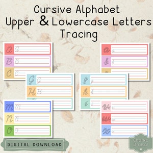 Prática de caligrafia de letras do alfabeto cursivo para impressão, planilhas de rastreamento de letras cursivas maiúsculas e minúsculas, aprender letras cursivas