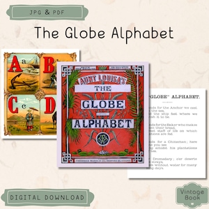 Libro imprimible vintage "El Alfabeto del Globo", rimas del alfabeto, tarjetas didácticas del alfabeto, libro infantil coleccionable con ilustraciones, uso comercial