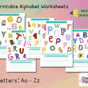 Hojas de trabajo del alfabeto imprimibles, hojas de escritura a mano para preescolar y jardín de infantes, hojas de trabajo para buscar la letra, letras en minúsculas y mayúsculas