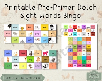 Printable Pre-Primer Dolch Sight Words Bingo, Preschool Educational Game, Pre-K Sight Words Activity, Teacher Resources, Early Learning