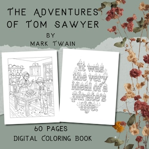 Livro de colorir de Tom Sawyer | Arte literária de Mark Twain para adultos | Procreate e PDF para impressão, 60 páginas