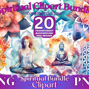 Pu&ograve; includere: Un pacchetto digitale di clipart con 20 illustrazioni ad acquerello su temi spirituali. Le immagini includono una donna che medita, un Buddha, un albero della vita e vari mandala. Le immagini sono file PNG trasparenti e sono per uso commerciale.
