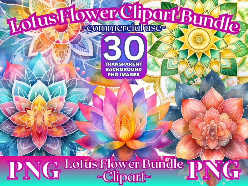 May include: A digital clipart bundle of 30 watercolor lotus flower illustrations. The flowers are in various colors, including pink, blue, yellow, and orange. The text "Lotus Flower Bundle - Clipart - commercial use - 30 Transparent Background PNG Images" is visible in the image.