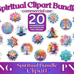 Pu&ograve; includere: Un set di 20 illustrazioni ad acquerello di simboli spirituali, tra cui mandala, alberi della vita, fiori di loto e figure in meditazione. Le immagini sono in una variet&agrave; di colori, tra cui blu, verde, viola e arancione. Le immagini sono perfette per l'uso nello scrapbooking digitale, nella creazione di biglietti e in altri progetti creativi.