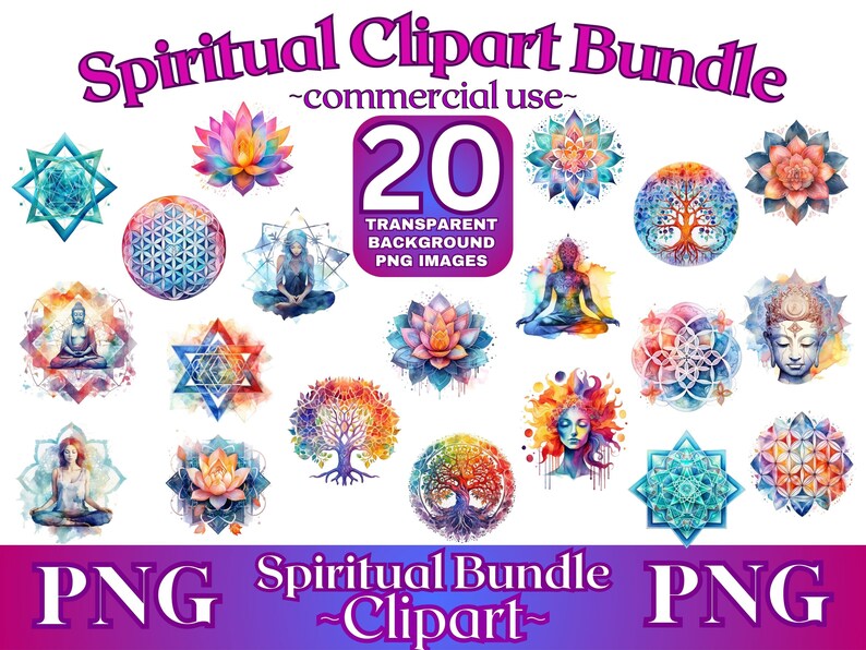 Pu&ograve; includere: Un set di 20 illustrazioni ad acquerello di simboli spirituali, tra cui mandala, alberi della vita, fiori di loto e figure in meditazione. Le immagini sono in una variet&agrave; di colori, tra cui blu, verde, viola e arancione. Le immagini sono perfette per l'uso nello scrapbooking digitale, nella creazione di biglietti e in altri progetti creativi.