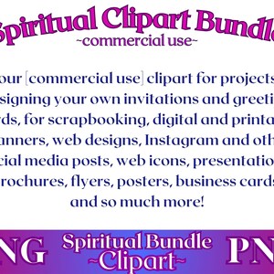 Pu&ograve; includere: Un download digitale di clipart spirituale in formato PNG. Il testo sull'immagine recita "Spiritual Clipart Bundle -commercial use- Use our [commercial use] clipart for projects like designing your own invitations and greeting cards, for scrapbooking, digital and printable planners, web designs, Instagram and other social media posts, web icons, presentations, brochures, flyers, posters, business cards, and so much more! PNG Spiritual Bundle PNG -Clipart-"