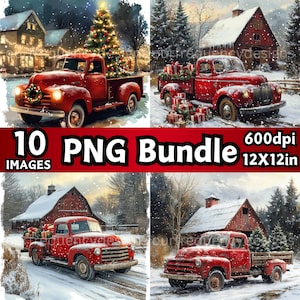 Vintage Christmas Truck PNG, Red truck with Christmas tree Clipart, red christmas truck png, Red Truck with Christmas Tree clipart bundle