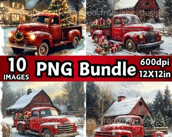 Vintage jullastbil PNG, röd lastbil med julgran Clipart, röd jullastbil png, röd lastbil med julgran clipart paket