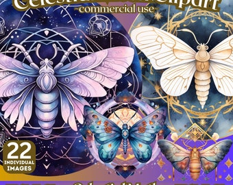 Könnte beinhalten: Ein Set mit 22 digitalen Illustrationen von himmlischen Motten im PNG-Format. Die Motten sind in verschiedenen Farben und Designs dargestellt, darunter Blau, Lila und Gold. Die Motten sind von komplizierten geometrischen Mustern und Sternen umgeben. Der Text "Celestial Moth Clipart - commercial use" wird oben im Bild angezeigt.