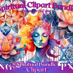 Pu&ograve; includere: Un pacchetto di clipart digitale con illustrazioni ad acquerello di una donna con gli occhi chiusi, un fiore di loto e motivi geometrici. Il testo "Spiritual Bundle - Clipart - Commercial Use" &egrave; visibile nell'immagine.