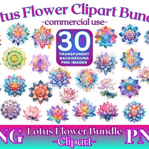 May include: A digital clipart bundle of 30 watercolor lotus flower illustrations. The flowers are in various colors and designs, including pink, blue, purple, and yellow. The flowers are on a white background. The text "Lotus Flower Clipart Bundle" and "PNG" are at the top and bottom of the image.